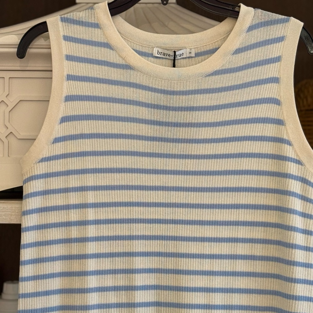 Brave + True Small S squad striped ribbed midi dress ecru blue nwt - Picture 6 of 7